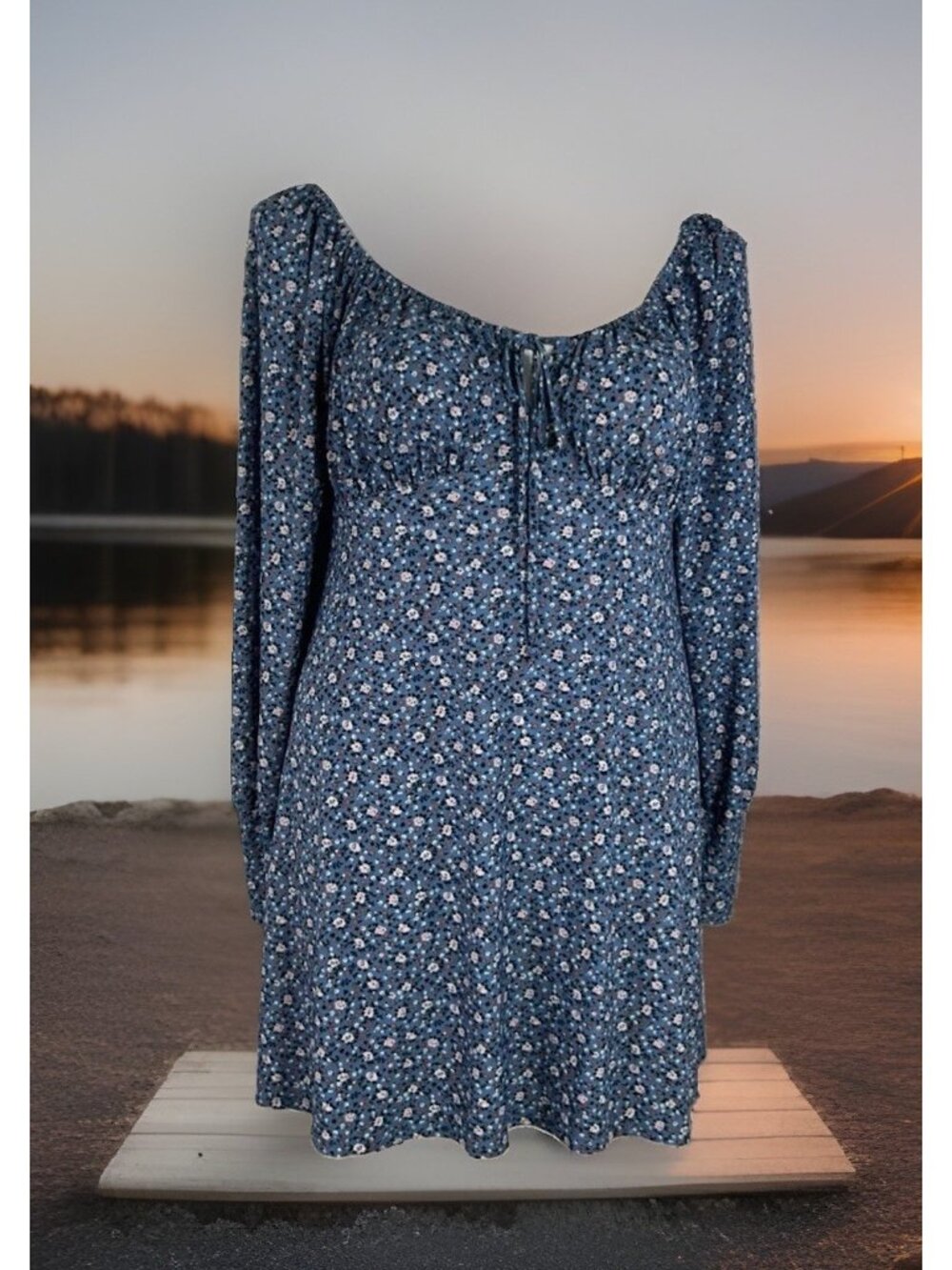 Lily Rose Dress Women XL Blue Floral Long Sleeve Elastic Tie Collar Cottagecore